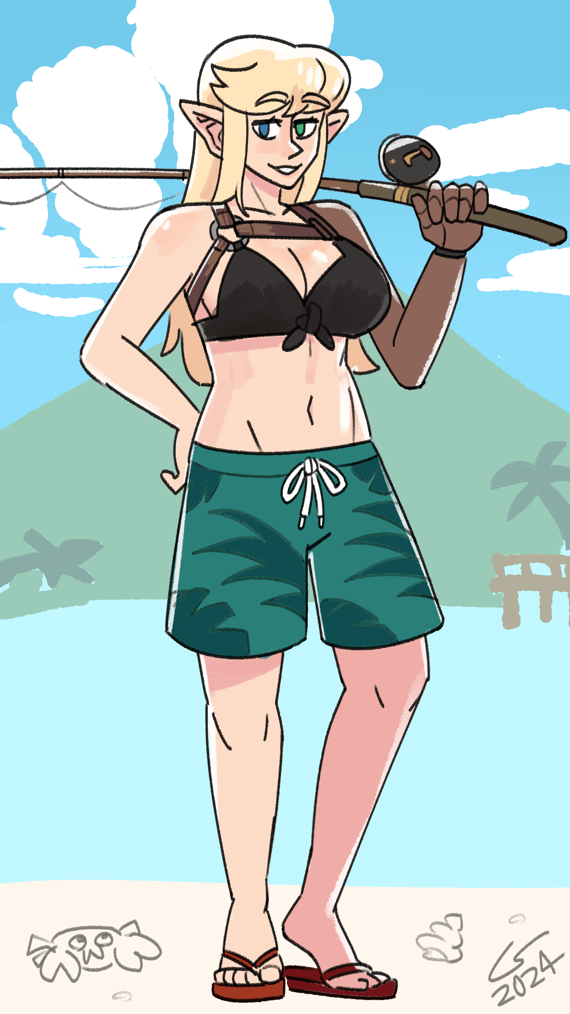 Illustration of Caelle standing on the beach, wearing a swimsuit and holding a fishing rod.